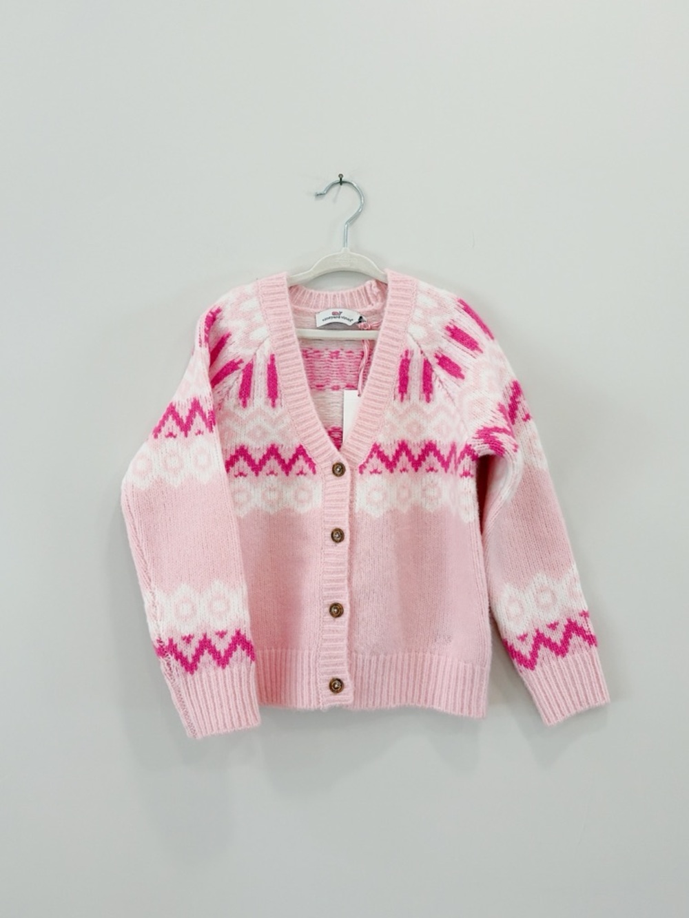Vineyard Vines Pink Fair Isle Wool-Blend Cardigan with Bright Pink Accents
